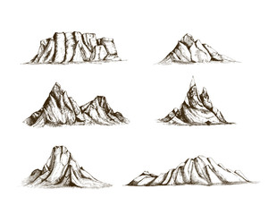 Fototapeta premium Collection of mountains hand drawn in vintage style. Set of beautiful retro drawings of different rock cliffs and peaks isolated on white background. Vector illustration.