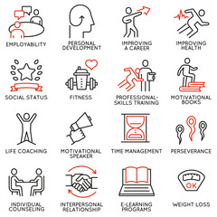 Vector set of 16 icons related to career progress, workshop, professional consulting service, training and development. Mono line pictograms and infographics design elements - part 3