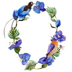 Wildflower orchid flower wreath in a watercolor style. Full name of the plant: tropical orchid. Aquarelle wild flower for background, texture, wrapper pattern, frame or border.