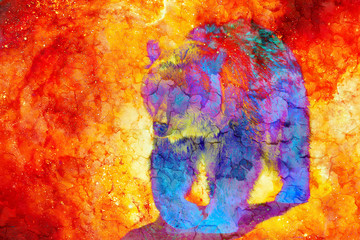mighty bear in space. Photos and graphic and crackle effect. Computer collage.