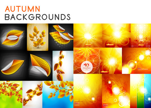 Autumn orange and yellow shiny backgrounds set and fall nature brown leaves concepts