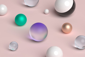 Abstract 3d rendering of geometric shapes. Composition with spheres. Modern background design for poster, cover, branding, banner, placard.