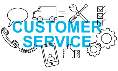 Simple clean conceptional vector illustration of blue text CUSTOMER SERVICE banner with flat line icons isolated on white background