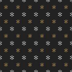 Christmas New Year seamless pattern with snowflakes. Holiday background. Gold snowflakes. Xmas winter decoration. Golden texture. Hand drawn vector illustration. Snow pattern. Wrapping gift paper.