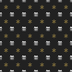 Christmas New Year seamless pattern with gift snowflakes. Holiday black background. Gold white gift. Xmas winter doodle decoration. Golden texture. Hand drawn vector illustration. Wrapping gift paper.