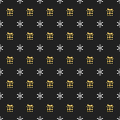 Christmas New Year seamless pattern with gift snowflakes. Holiday black background. Gold white gift. Xmas winter doodle decoration. Golden texture. Hand drawn vector illustration. Wrapping gift paper.