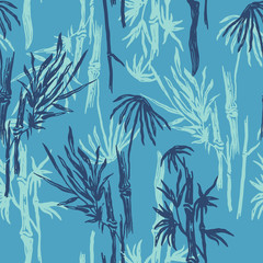 Bamboo seamless tropical pattern on exotic blue background. Tropical asian plant wallpaper, chinese or japanese nature textile print.