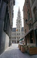 A Brussels street with a view on Town hall of Brussels, Belgium