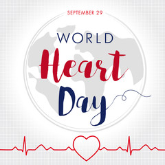World Heart Day card, line heart in cardio pulse trace and globe. Vector illustration concept World Heart Day background for banner or poster. September 29
