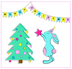 Christmas Tree and rabbit. Vector Illustration EPS8