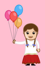 Cute Happy Cartoon Girl Holding Balloons