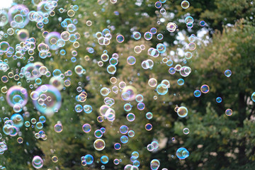 A lot of flying soap bubbles on a city holiday
