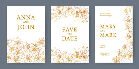 Fototapeta na wymiar Collection of elegant templates for flyer, Save the Date card or wedding invitation with beautiful Japanese sakura flowers hand drawn with yellow lines on white background. Vector illustration.
