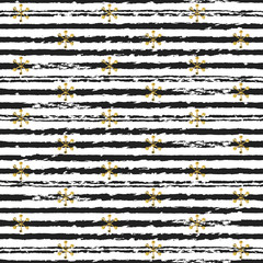 Glitter gold striped Christmas New Year seamless pattern with snowflakes. Paint brush strokes background. Golden snowflakes. Stripes lines. Vector illustration. Hipster trendy wrapping gift paper.