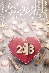 Christmas heart shaped gingerbread background. Winter holidays atmosphere. Snoflakes. Hand drawn ribbon for copy.Perfect for greeting cards, flyers, etc.