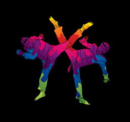 Taekwondo fighting designed using melting colors graphic vector.