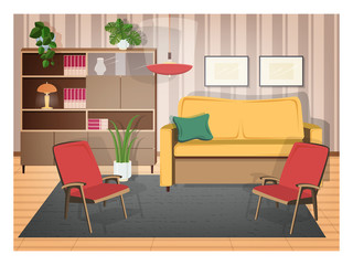 Interior of living room furnished with retro furniture and old-fashioned home decorations - cozy sofa, armchairs, shelving, house plants, lamp, carpet. Vector illustration in flat cartoon style.