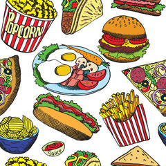 Hot dog with one sausage, burger, sandwich, tacos, popcorn, chips, french fries, pizza with salami, bacon and eggs on plate, hand drawn sketch, pop art style seamless pattern design, white background