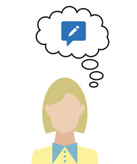 Frau überlegt - Sprechblase mit Stift