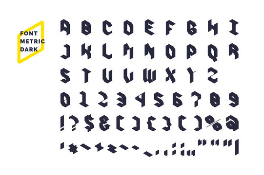 Modern technical display font Metric. Set all letters and numbers with characters.