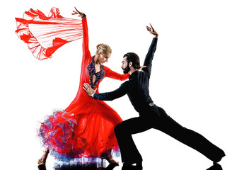 one caucasian man and woman couple ballroom tango salsa dancer dancing in studio silhouette...