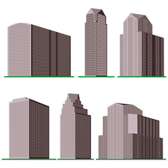Fototapeta premium Set of six modern high-rise building on a white background. View of the building from the bottom. Isometric vector illustration. 
