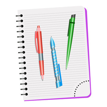 Notebook  and three pens on a white background
