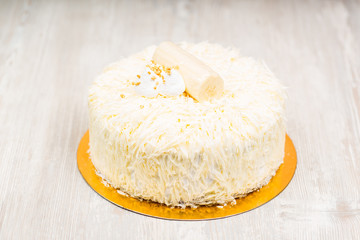 The white cake on the table