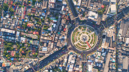 Aerial view, Road roundabout, Expressway with car lots in the city in Thailand.  beautiful Street ,...
