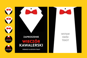 bachelor party invitation with suit & bow tie- vector design  - obrazy, fototapety, plakaty