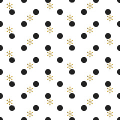 Glitter gold polka dot Christmas New Year seamless pattern with snowflakes. Paint brush circle black and white background. Golden snowflakes. Vector illustration. Hipster trendy wrapping gift paper.