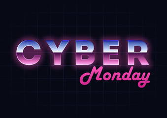 Cyber Monday sale hi-tech background, online shopping and marketing concept, technology vector illustration. Retro Chrome Text Effect. Retailing and discount theme. Flyer, poster template with letters