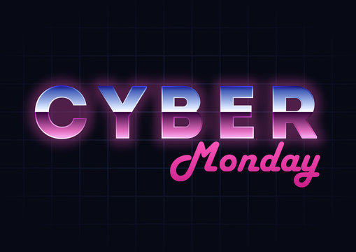 Cyber Monday sale hi-tech background, online shopping and marketing concept, technology vector illustration. Retro Chrome Text Effect. Retailing and discount theme. Flyer, poster template with letters