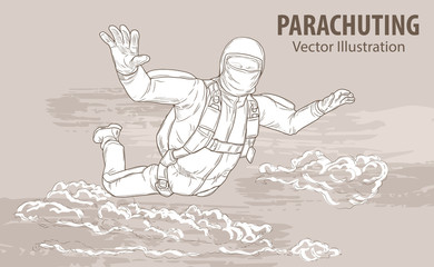 Hand sketch of skydiving athlete in the clouds. Vector sport illustration. Graphic silhouette of the man flying in the sky. Active people. Extreme. - 172368724