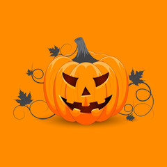 Pumpkin on orange background. The main symbol of the Happy Halloween holiday. Orange pumpkin with smile for your design for the holiday Halloween. Vector illustration.