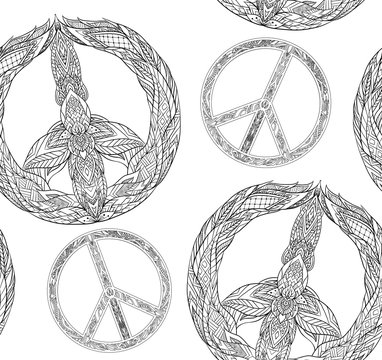 Seamless texture with a black and white peace symbol and a boho pattern on a white background. Vector element for fabrics, wallpaper, wrapping paper and your creativity. Coloring for Adult 