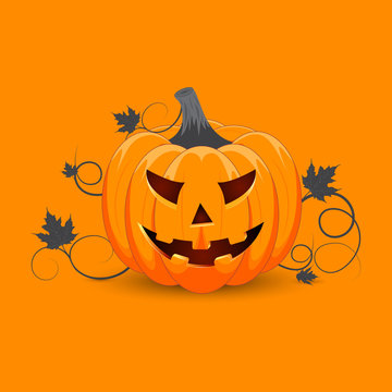 Pumpkin on orange background. The main symbol of the Happy Halloween holiday. Orange pumpkin with smile for your design for the holiday Halloween. Vector illustration.