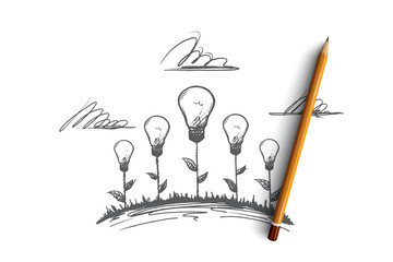 Creative work concept. Hand drawn creative illustrations of flowers. The birth of an idea. Incandescent lamp the symbol of creative idea isolated vector illustration.