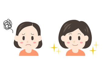 薄毛に悩む女性のイラスト: ビフォーアフター