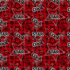 Abstract seamless pattern for girls, boys, clothes. Creative vector background with dots, geometric figures, inscriptions, stars.Funny wallpaper for textile and fabric. Fashion style. Colorful bright.