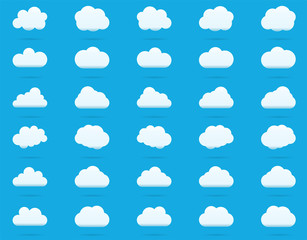 Obraz premium Cloud vector icon set white color on blue background. Sky flat illustration collection for web, art and app design. Different nature cloudscape weather symbols.