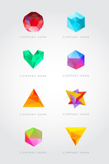 Big Set of Trendy Crystal Triangulated Gem Logo Elements. Perfect for Business. Geometric Low Polygon Style. Visual Identity. Vector.