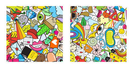 Set of Graffiti pattern with urban lifestyle line icons. Crazy doodle abstract vector background. Trendy linear style collage with bizarre street art elements.