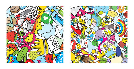 Naklejka premium Set of Graffiti pattern with urban lifestyle line icons. Crazy doodle abstract vector background. Trendy linear style collage with bizarre street art elements.