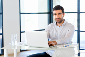 Handsome businessman working at computer