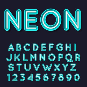neon alphabet. Glowing font. Vector illustration