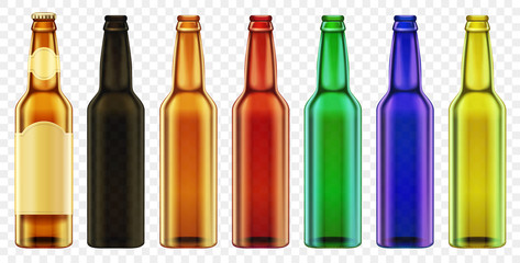 Vector Beer bottle color glass isolated. Packaging mockup with realistic bottles set.