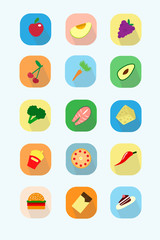 Fototapeta na wymiar A large set of icons of a rationed type of food in a flat style with a colorful background and shadow every single piece