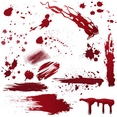 Set of various blood or paint splatters. Realistic vector illustration. - obrazy, fototapety, plakaty
