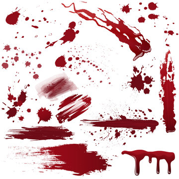 Set of various blood or paint splatters. Realistic vector illustration.